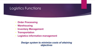 • Order Processing
• Warehousing
• Inventory Management
• Transportation
• Logistics information management
Design system to minimize costs of attaining
objectives
Logistics Functions
 