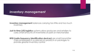 Inventory management
Inventory management balances carrying too little and too much
inventory
Just-in-time (JIT) logistics systems allow producers and retailers to
carry small amounts of inventories of parts or merchandise
RFID (radio frequency identification devices) are small transmitter
chips embedded in or placed on products or packages to
provide greater inventory control
12-65
 