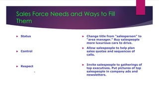 Sales Force Needs and Ways to Fill
Them
 Status
 Control
 Respect
.
 Change title from “salesperson” to
“area manager.” Buy salespeople
more luxurious cars to drive.
 Allow salespeople to help plan
sales quotas and sequences of
calls.
 Invite salespeople to gatherings of
top executives. Put pictures of top
salespeople in company ads and
newsletters.
 