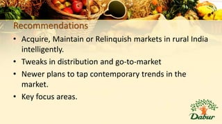 Recommendations
• Acquire, Maintain or Relinquish markets in rural India
intelligently.
• Tweaks in distribution and go-to-market
• Newer plans to tap contemporary trends in the
market.
• Key focus areas.
 