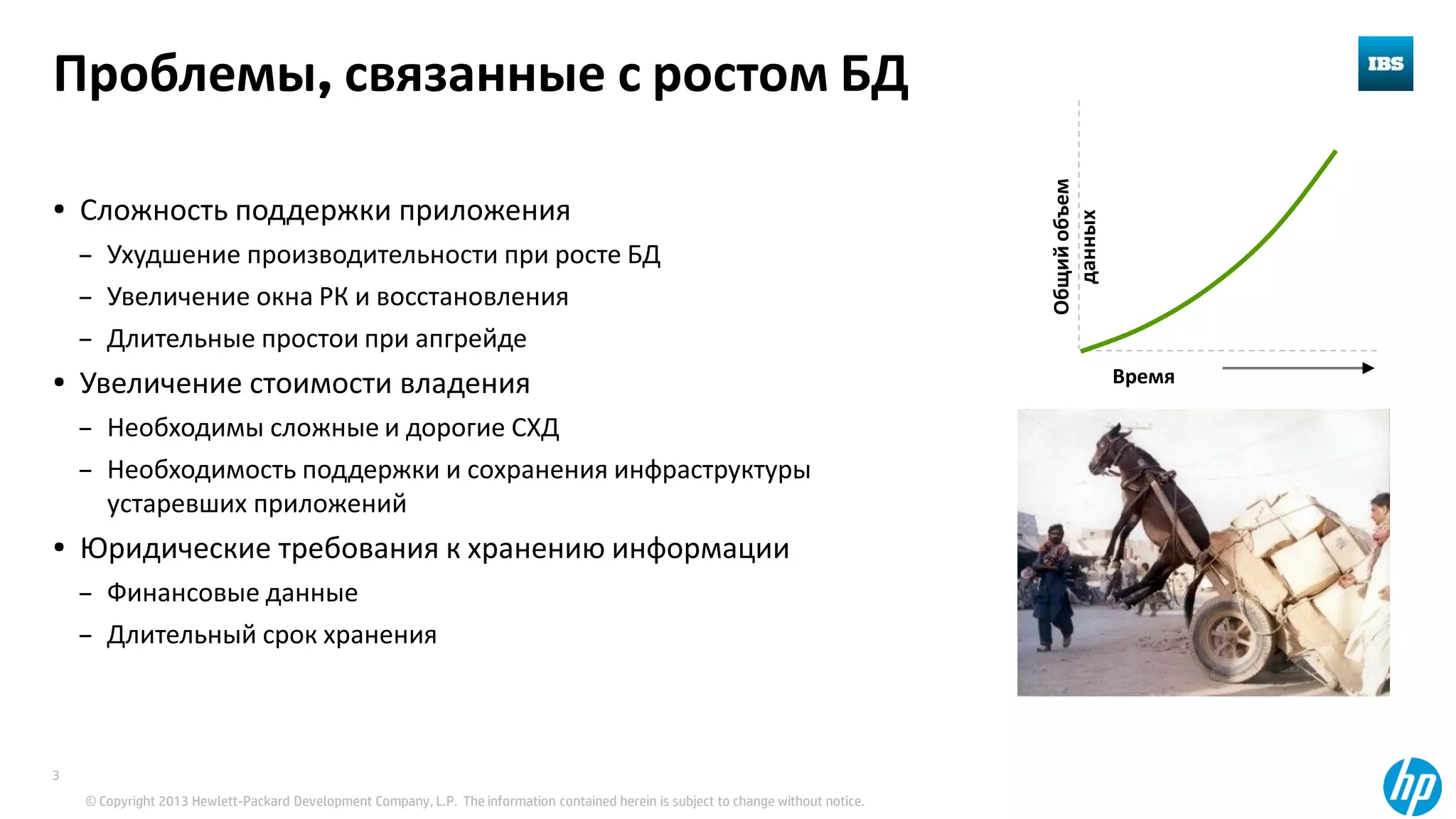 © Copyright 2013 Hewlett-Packard Development Company, L.P. The information contained herein is subject to change without notice.
3
Проблемы, связанные с ростом БД
• Сложность поддержки приложения
– Ухудшение производительности при росте БД
– Увеличение окна РК и восстановления
– Длительные простои при апгрейде
• Увеличение стоимости владения
– Необходимы сложные и дорогие СХД
– Необходимость поддержки и сохранения инфраструктуры
устаревших приложений
• Юридические требования к хранению информации
– Финансовые данные
– Длительный срок хранения
DataGrowthОбщийобъем
данных
Время
 