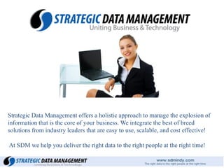 Strategic Data Management offers a holistic approach to manage the explosion of
information that is the core of your business. We integrate the best of breed
solutions from industry leaders that are easy to use, scalable, and cost effective!

At SDM we help you deliver the right data to the right people at the right time!
 