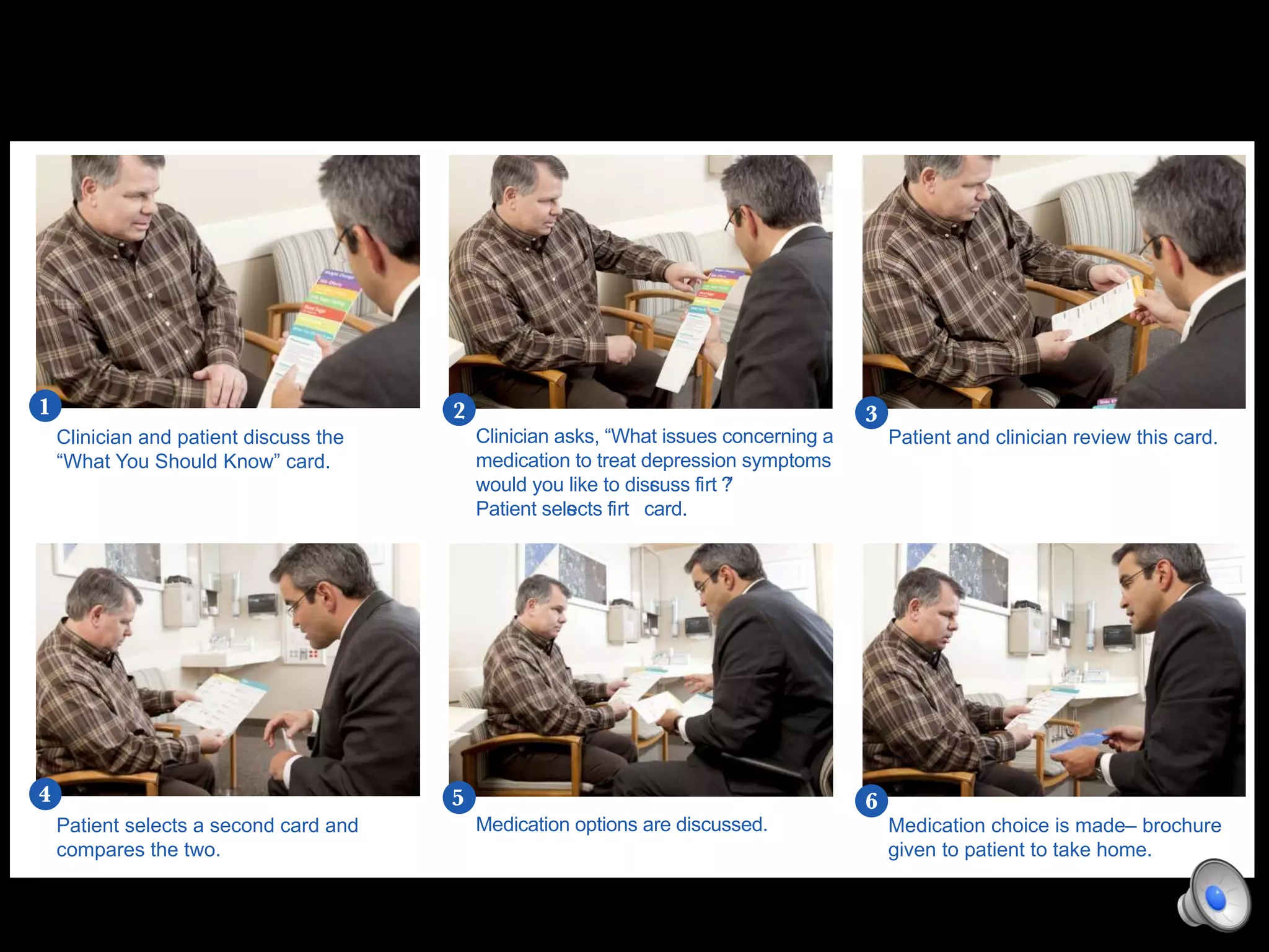  
 
• Clinician decides how & when to use - and may elect not to use
• “Considerations” and “What You Should Know” cards are not given to patient as part of the comparison process
Clinician and patient discuss the
“What You Should Know” card.
Patient selects a second card and
compares the two.
Clinician asks, “What issues concerning a
medication to treat depression symptoms
would you like to discuss firs t ?”
Patient selects firs t card.
Medication options are discussed.
Patient and clinician review this card.
Medication choice is made– brochure
given to patient to take home.
a clinician guide to:
Using the Depression Medication Choice Decision Aid (DA) with Patients
 