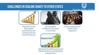 Expansion Costs 
Bearing the 
promotional and 
training costs for 
human resources 
Increasing the 
confidence of women 
in rural India 
Preserving the social 
motive while 
expansion 
Increasing the effectiveness and 
efficiency of the existing Shakti 
entrepreneur 
 