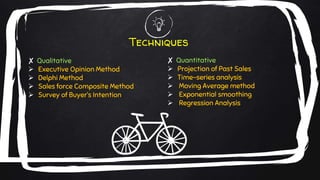 Techniques
✘ Qualitative
 Executive Opinion Method
 Delphi Method
 Sales force Composite Method
 Survey of Buyer’s Intention
✘ Quantitative
 Projection of Past Sales
 Time-series analysis
 Moving Average method
 Exponential smoothing
 Regression Analysis
 