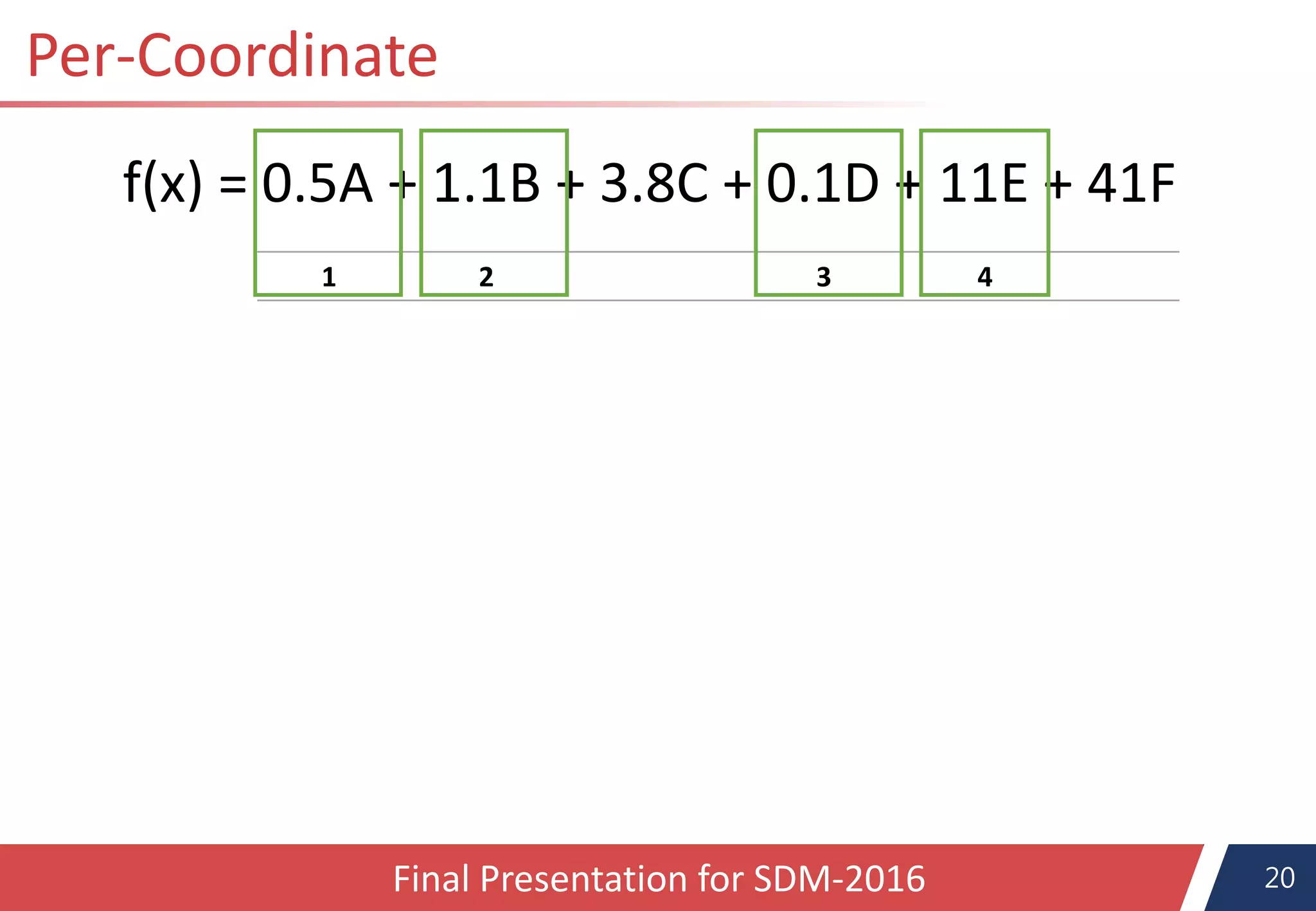 20Final Presentation for SDM-2016
f(x) = 0.5A + 1.1B + 3.8C + 0.1D + 11E + 41F
1 2 3 4
Per-Coordinate
 