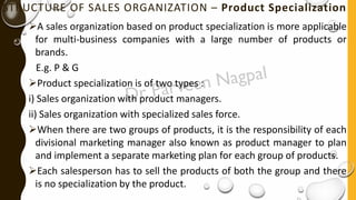 STRUCTURE OF SALES ORGANIZATION – Product Specialization
➢A sales organization based on product specialization is more applicable
for multi-business companies with a large number of products or
brands.
E.g. P & G
➢Product specialization is of two types :
i) Sales organization with product managers.
ii) Sales organization with specialized sales force.
➢When there are two groups of products, it is the responsibility of each
divisional marketing manager also known as product manager to plan
and implement a separate marketing plan for each group of products.
➢Each salesperson has to sell the products of both the group and there
is no specialization by the product.
 