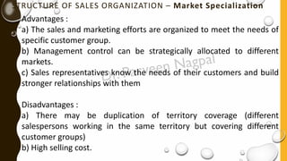 STRUCTURE OF SALES ORGANIZATION – Market Specialization
Advantages :
a) The sales and marketing efforts are organized to meet the needs of
specific customer group.
b) Management control can be strategically allocated to different
markets.
c) Sales representatives know the needs of their customers and build
stronger relationships with them
Disadvantages :
a) There may be duplication of territory coverage (different
salespersons working in the same territory but covering different
customer groups)
b) High selling cost.
 