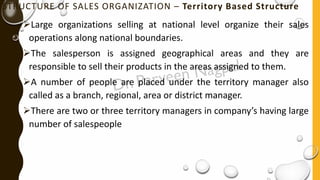 STRUCTURE OF SALES ORGANIZATION – Territory Based Structure
➢Large organizations selling at national level organize their sales
operations along national boundaries.
➢The salesperson is assigned geographical areas and they are
responsible to sell their products in the areas assigned to them.
➢A number of people are placed under the territory manager also
called as a branch, regional, area or district manager.
➢There are two or three territory managers in company’s having large
number of salespeople
 