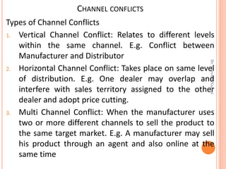 CHANNEL CONFLICTS
Types of Channel Conflicts
1. Vertical Channel Conflict: Relates to different levels
within the same channel. E.g. Conflict between
Manufacturer and Distributor
2. Horizontal Channel Conflict: Takes place on same level
of distribution. E.g. One dealer may overlap and
interfere with sales territory assigned to the other
dealer and adopt price cutting.
3. Multi Channel Conflict: When the manufacturer uses
two or more different channels to sell the product to
the same target market. E.g. A manufacturer may sell
his product through an agent and also online at the
same time
Dr.ParveenNagpal
 