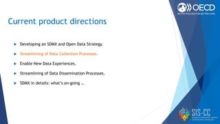 Current product directions
 Developing an SDMX and Open Data Strategy.
 Streamlining of Data Collection Processes.
 Enable New Data Experiences.
 Streamlining of Data Dissemination Processes.
 SDMX in details: what’s on-going …
 