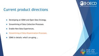 Current product directions
 Developing an SDMX and Open Data Strategy.
 Streamlining of Data Collection Processes.
 Enable New Data Experiences.
 Streamlining of Data Dissemination Processes.
 SDMX in details: what’s on-going …
 
