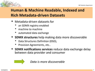 IMF Statistics Department
Human & Machine Readable, Indexed and
Rich Metadata-driven Datasets
 Metadata-driven datasets for
• an SDMX registry enabled
• machine to machine
• automated data exchange
 SDMX structures help making data more discoverable
• Data Structures Definition (DSD),
• Provision Agreements, etc..
 SDMX notifications services reduce data exchange delay
between data provider and consumer
Data is more discoverable
610/18/2016
 