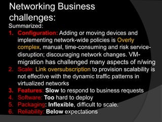 Networking Business
challenges:
Summarized:
1. Configuration: Adding or moving devices and
implementing network-wide policies is Overly
complex, manual, time-consuming and risk service-
disruption; discouraging network changes. VM-
migration has challenged many aspects of n/wing
2. Scale: Link oversubscription to provision scalability is
not effective with the dynamic traffic patterns in
virtualized networks
3. Features: Slow to respond to business requests
4. Software: Too hard to deploy
5. Packaging: Inflexible, difficult to scale.
6. Reliability: Below expectations
 