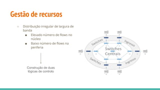 Gestão de recursos
○ Distribuição irregular de largura de
banda
■ Elevado número de flows no
núcleo
■ Baixo número de flows na
periferia
Construção de duas
lógicas de controlo
 