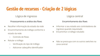 Gestão de recursos - Criação de 2 lógicas
Lógica de ingresso
Processamento e análise dos flows
● Recolher informação do estado da rede
● Encaminhamento do tráfego conforme o
estado da rede
○ Controlo de flows
● Rotular o tráfego
○ Verificação do tipo de tráfego
○ Adicionar cabeçalho identificador
Lógica central
Encaminhamento dos flows
● Informar o seu estado aos controladores de
ingresso quando requisitado
● Encaminhar o tráfego rotulado
● Não se preocupa com os outros switches na
zona central
 