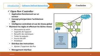 • Application fonctionnant sur un
serveur
• Intelligence centralisée et vue de réseau global
• Concept principal dans l'architecture
SDN
• Maintenir les règles et effectuer les tâches réseau
• Distribue des instructions
• Ajouter / Supprimer des flux
• Découverte du voisin
• Capacités de l'appareil
• Recueillir des statistiques
• Traiter les paquets
• Fournir des API
• Analytique
• Management Interface
Modules:
Topology
Discovery
Statistics
AAA
Southbound plugins
Open northbound APIs
 Open flow Controller
02/05/2018 15
introduction Software Defined Networking
Implémentation et
Démonstration
Conclusion
 