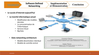 • Data networking architecture
• Le succès d'Internet aujourd'hui
• Modèle décentralisé / distribué
• Modèle de contrôle central
• Le marché informatique actuel
• Modification des modèles de
données
• La consumérisation de
l'informatique
• Services Cloud
• Big Data
introduction
Software Defined
Networking
Implémentation
et Démonstration
Conclusion
02/05/2018 3
 
