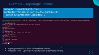 Exemple – Topologie linéaire
sudo mn --topo=linear,3 --mac --
controller=remote,ip=172.16.2.155,port=6633 
--switch ovs,protocols=OpenFlow13
• Topologie linéaire : 3 hôtes connectés en chaîne.
• Protocole forcé : OpenFlow 1.3 (compatible avec OpenDaylight).
 