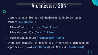 L’architecture SDN est généralement divisée en trois
couches (ou plans) :
• Plan d’infrastructure (Data Plane)
• Plan de contrôle (Control Plane)
• Plan d’application (Application Plane)
Entre ces couches, on trouve des interfaces d’interaction
appelées API nord (Northbound) et API sud (Southbound).
 