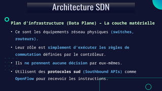 Plan d’infrastructure (Data Plane) – La couche matérielle
• Ce sont les équipements réseau physiques (switches,
routeurs).
• Leur rôle est simplement d’exécuter les règles de
commutation définies par le contrôleur.
• Ils ne prennent aucune décision par eux-mêmes.
• Utilisent des protocoles sud (Southbound APIs) comme
OpenFlow pour recevoir les instructions.
 