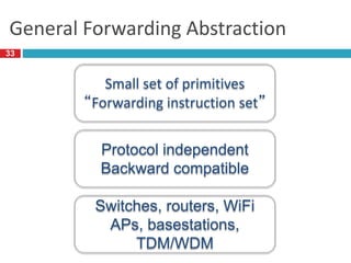 General Forwarding Abstraction
Small set of primitives
“Forwarding instruction set”
Protocol independent
Backward compatible
Switches, routers, WiFi
APs, basestations,
TDM/WDM
33
 