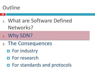 Outline
36
1. What are Software Defined
Networks?
2. Why SDN?
3. The Consequences
 For industry
 For research
 For standards and protocols
 