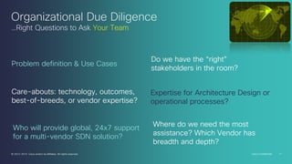 Organizational Due Diligence
…Right Questions to Ask Your Team

Problem definition & Use Cases

Do we have the “right”
stakeholders in the room?

Care-abouts: technology, outcomes,
best-of-breeds, or vendor expertise?

Expertise for Architecture Design or
operational processes?

Who will provide global, 24x7 support
for a multi-vendor SDN solution?
© 2013-2014 Cisco and/or its affiliates. All rights reserved.

Where do we need the most
assistance? Which Vendor has
breadth and depth?
Cisco Confidential

17

 