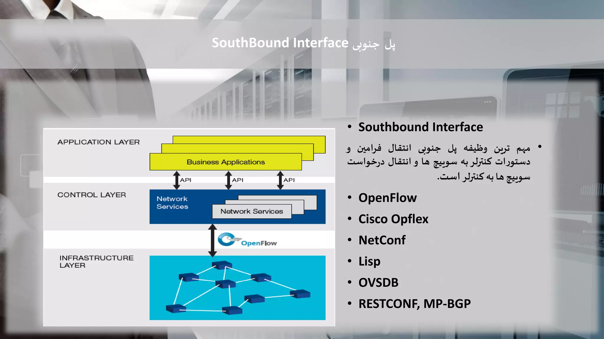‫پل‬‫جنوبی‬SouthBound Interface
• Southbound Interface
•‫مهم‬‫ترین‬‫وظیفه‬‫پل‬‫جنوبی‬‫انتقال‬‫فرامین‬‫و‬
‫ات‬‫ر‬‫دستو‬‫کنترلر‬‫به‬‫سوییچ‬‫ها‬‫و‬‫انتقال‬‫خو‬‫ر‬‫د‬‫است‬
‫سوییچ‬‫ها‬‫به‬‫کنترلر‬‫است‬.
• OpenFlow
• Cisco Opflex
• NetConf
• Lisp
• OVSDB
• RESTCONF, MP-BGP
 