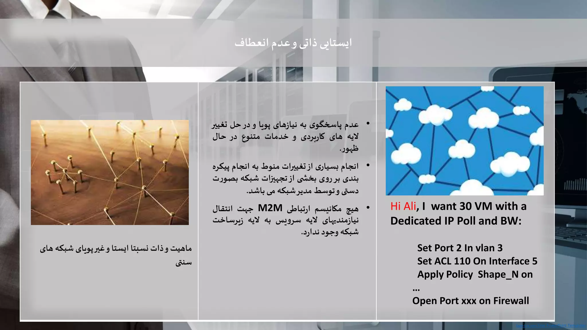 Sage-Fox.com Free PowerPoint Templates
‫ماهیت‬‫و‬‫ذات‬‫نسبتا‬‫ایستا‬‫و‬‫غیر‬‫پویای‬‫شب‬‫که‬‫های‬
‫سنتی‬
‫ایستایی‬‫انعطاف‬‫عدم‬‫و‬‫ذاتی‬
•‫عدم‬‫ی‬‫پاسخگو‬‫به‬‫های‬‫ز‬‫نیا‬‫پویا‬‫و‬‫در‬‫حل‬‫تغ‬‫ییر‬
‫الیه‬‫های‬‫بردی‬‫ر‬‫کا‬‫و‬‫خدمات‬‫متنوع‬‫در‬‫حال‬
‫ظهور‬.
•‫انجام‬‫ی‬‫بسیار‬‫از‬‫تغییرات‬‫منوط‬‫به‬‫انجام‬‫پ‬‫یکره‬
‫بندی‬‫بر‬‫روی‬‫ی‬ ‫بخش‬‫از‬‫تجهیزات‬‫شبکه‬‫بص‬‫ورت‬
‫دستی‬‫و‬‫توسط‬‫مدیر‬‫شبکه‬‫می‬‫باشد‬.
•‫هیچ‬‫مکانیسم‬‫تباطی‬‫ر‬‫ا‬M2M‫جهت‬‫انتقال‬
‫مندیهای‬‫ز‬‫نیا‬‫الیه‬‫سرویس‬‫به‬‫الیه‬‫یرسا‬‫ز‬‫خت‬
‫شبکه‬‫وجود‬‫د‬‫ر‬‫ندا‬.
Hi Ali, I want 30 VM with a
Dedicated IP Poll and BW:
Set Port 2 In vlan 3
Set ACL 110 On Interface 5
Apply Policy Shape_N on
…
Open Port xxx on Firewall
 