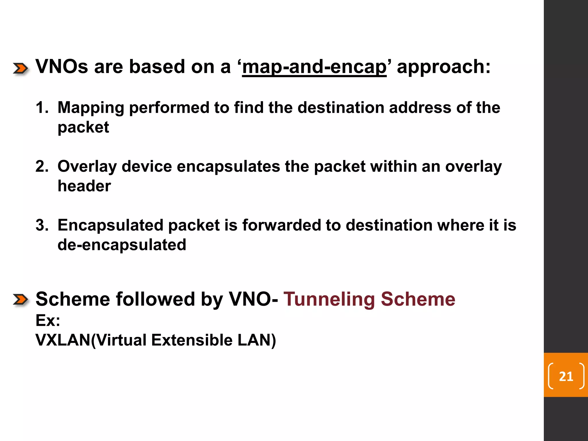 21
VNOs are based on a ‘map-and-encap’ approach:
1. Mapping performed to find the destination address of the
packet
2. Overlay device encapsulates the packet within an overlay
header
3. Encapsulated packet is forwarded to destination where it is
de-encapsulated
Scheme followed by VNO- Tunneling Scheme
Ex:
VXLAN(Virtual Extensible LAN)
 