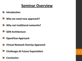 2
Seminar Overview
Introduction
Why we need new approach?
Why not traditional networks?
SDN Architecture
OpenFlow Approach
Virtual Network Overlay Approach
Challenges & Future Expectation
Conclusion
 