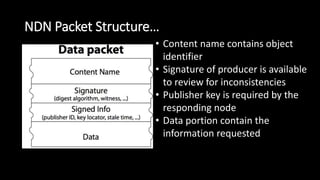 NDN Packet Structure…
• Content name contains object
identifier
• Signature of producer is available
to review for inconsistencies
• Publisher key is required by the
responding node
• Data portion contain the
information requested
 