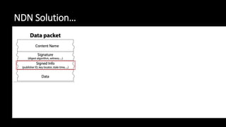 NDN Solution…
- Signature key returned contains
information about the source
- This information can be viewed by the
information recipient to verify validity
- If the information is invalid, it can be
rejected without harming the system
 