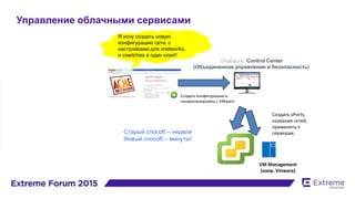 Управление облачными сервисами
Control Center
(Объединенное управление и безопасность)
Я хочу создать новую
конфигурацию сети, с
настройками для vnetworks,
и vswitches в один клик!!
Создать конфигурацию и
синхронизировать с VMware
Создать vPorts,
названия сетей,
применить к
серверам.Старый способ – недели
Новый способ – минуты!
VM Management
(напр. Vmware)
 