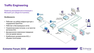 Traffic Engineering
Развитие реализованной интеграции с
Microsoft Lync (Skype for business)
Особенности
• Работает на любой инфраструктуре с
поддержкой OpenFlow
• Работает в беспроводных сетях
• Управление всем потоком, а не простое
вклчение ACL
• Динамическое изменение поведения
сети во время звонка
• Комбинация динамических ACL с
общими политиками
 
