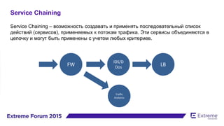 Service Chaining
FW
IDS/D
Dos
LB
Traffic
Analytics
Service Chaining – возможность создавать и применять последовательный список
действий (сервисов), применяемых к потокам трафика. Эти сервисы объединяются в
цепочку и могут быть применены с учетом любых критериев.
 
