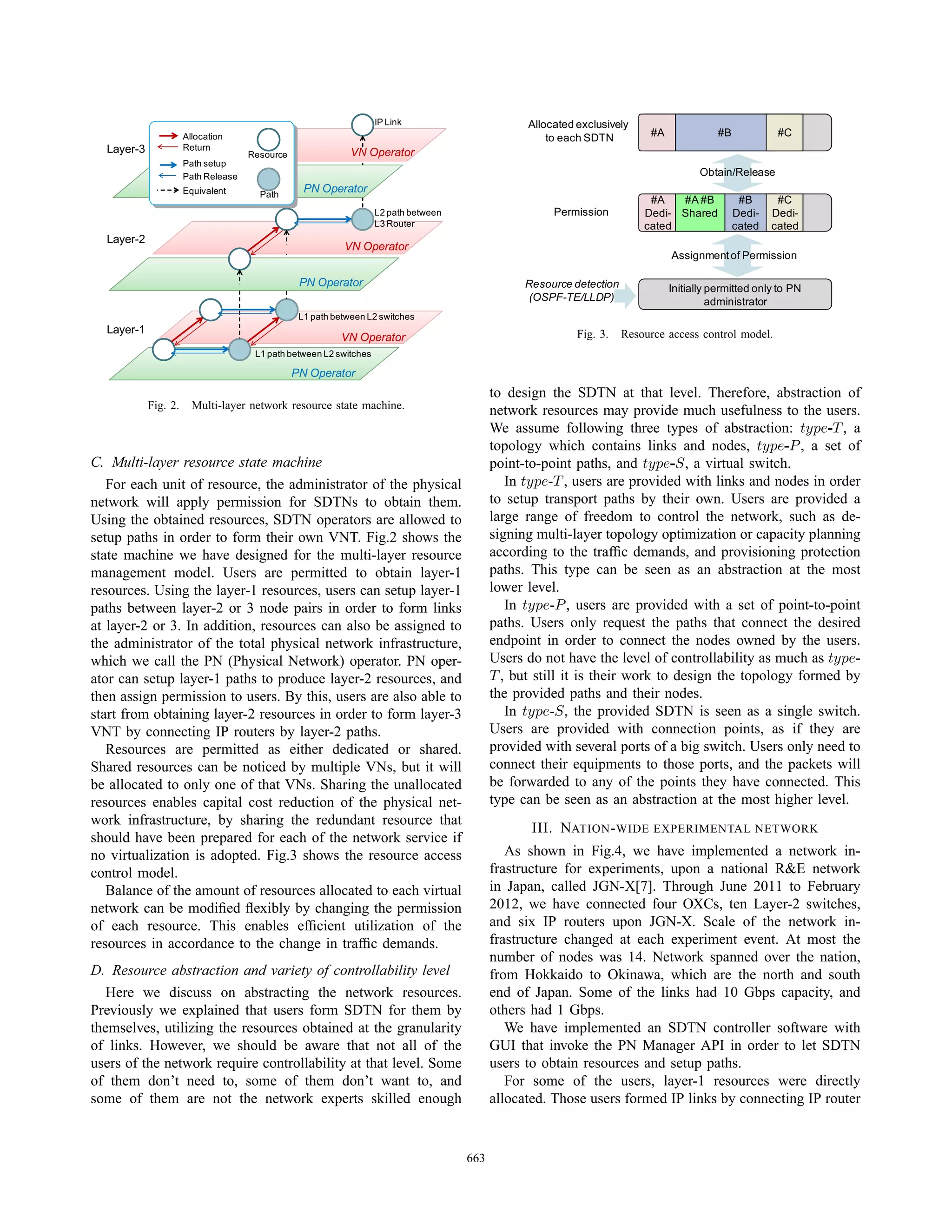 IP Link                       Allocated exclusively
                      Allocation                                                                      to each SDTN          #A              #B            #C
  Layer-3             Return
                                     Resource                VN Operator
                      Path setup
                      Path Release                                                                                                      Obtain/Release
                      Equivalent       Path
                                                  PN Operator
                                                                                                                            #A   #A #B            #B      #C
                                                                    L2 path between                    Permission          Dedi- Shared          Dedi-   Dedi-
                                                                    L3 Router                                              cated                 cated   cated
  Layer-2
                                                           VN Operator
                                                                                                                                 Assignment of Permission

                                                 PN Operator                                      Resource detection             Initially permitted only to PN
                                                                                                  (OSPF-TE/LLDP)                           administrator
                                                 L1 path between L2 switches
  Layer-1                                                                                                   Fig. 3.    Resource access control model.
                                                          VN Operator
                                      L1 path between L2 switches

                                                PN Operator
                                                                                            to design the SDTN at that level. Therefore, abstraction of
            Fig. 2.     Multi-layer network resource state machine.                         network resources may provide much usefulness to the users.
                                                                                            We assume following three types of abstraction: type-T , a
                                                                                            topology which contains links and nodes, type-P , a set of
C. Multi-layer resource state machine                                                       point-to-point paths, and type-S, a virtual switch.
   For each unit of resource, the administrator of the physical                                In type-T , users are provided with links and nodes in order
network will apply permission for SDTNs to obtain them.                                     to setup transport paths by their own. Users are provided a
Using the obtained resources, SDTN operators are allowed to                                 large range of freedom to control the network, such as de-
setup paths in order to form their own VNT. Fig.2 shows the                                 signing multi-layer topology optimization or capacity planning
state machine we have designed for the multi-layer resource                                 according to the trafﬁc demands, and provisioning protection
management model. Users are permitted to obtain layer-1                                     paths. This type can be seen as an abstraction at the most
resources. Using the layer-1 resources, users can setup layer-1                             lower level.
paths between layer-2 or 3 node pairs in order to form links                                   In type-P , users are provided with a set of point-to-point
at layer-2 or 3. In addition, resources can also be assigned to                             paths. Users only request the paths that connect the desired
the administrator of the total physical network infrastructure,                             endpoint in order to connect the nodes owned by the users.
which we call the PN (Physical Network) operator. PN oper-                                  Users do not have the level of controllability as much as type-
ator can setup layer-1 paths to produce layer-2 resources, and                              T , but still it is their work to design the topology formed by
then assign permission to users. By this, users are also able to                            the provided paths and their nodes.
start from obtaining layer-2 resources in order to form layer-3                                In type-S, the provided SDTN is seen as a single switch.
VNT by connecting IP routers by layer-2 paths.                                              Users are provided with connection points, as if they are
   Resources are permitted as either dedicated or shared.                                   provided with several ports of a big switch. Users only need to
Shared resources can be noticed by multiple VNs, but it will                                connect their equipments to those ports, and the packets will
be allocated to only one of that VNs. Sharing the unallocated                               be forwarded to any of the points they have connected. This
resources enables capital cost reduction of the physical net-                               type can be seen as an abstraction at the most higher level.
work infrastructure, by sharing the redundant resource that
                                                                                                   III. NATION - WIDE EXPERIMENTAL NETWORK
should have been prepared for each of the network service if
no virtualization is adopted. Fig.3 shows the resource access                                  As shown in Fig.4, we have implemented a network in-
control model.                                                                              frastructure for experiments, upon a national R&E network
   Balance of the amount of resources allocated to each virtual                             in Japan, called JGN-X[7]. Through June 2011 to February
network can be modiﬁed ﬂexibly by changing the permission                                   2012, we have connected four OXCs, ten Layer-2 switches,
of each resource. This enables efﬁcient utilization of the                                  and six IP routers upon JGN-X. Scale of the network in-
resources in accordance to the change in trafﬁc demands.                                    frastructure changed at each experiment event. At most the
                                                                                            number of nodes was 14. Network spanned over the nation,
D. Resource abstraction and variety of controllability level                                from Hokkaido to Okinawa, which are the north and south
   Here we discuss on abstracting the network resources.                                    end of Japan. Some of the links had 10 Gbps capacity, and
Previously we explained that users form SDTN for them by                                    others had 1 Gbps.
themselves, utilizing the resources obtained at the granularity                                We have implemented an SDTN controller software with
of links. However, we should be aware that not all of the                                   GUI that invoke the PN Manager API in order to let SDTN
users of the network require controllability at that level. Some                            users to obtain resources and setup paths.
of them don’t need to, some of them don’t want to, and                                         For some of the users, layer-1 resources were directly
some of them are not the network experts skilled enough                                     allocated. Those users formed IP links by connecting IP router



                                                                                      663
 