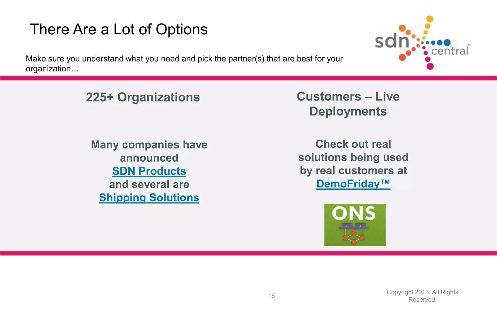 There Are a Lot of Options
225+ Organizations Customers – Live
Deployments
Copyright 2013. All Rights
Reserved.
18
Many companies have
announced
SDN Products
and several are
Shipping Solutions
Check out real
solutions being used
by real customers at
DemoFriday™
Make sure you understand what you need and pick the partner(s) that are best for your
organization…
 
