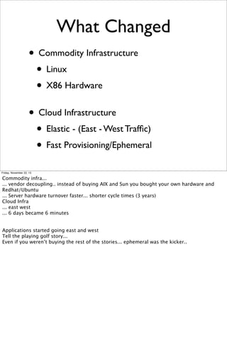 What Changed
• Commodity Infrastructure
• Linux
• X86 Hardware
• Cloud Infrastructure
• Elastic - (East - West Trafﬁc)
• Fast Provisioning/Ephemeral
Friday, November 22, 13

Commodity infra...
... vendor decoupling.. instead of buying AIX and Sun you bought your own hardware and
Redhat/Ubuntu
... Server hardware turnover faster... shorter cycle times (3 years)
Cloud Infra
... east west
... 6 days became 6 minutes
Applications started going east and west
Tell the playing golf story...
Even if you weren’t buying the rest of the stories... ephemeral was the kicker..

 