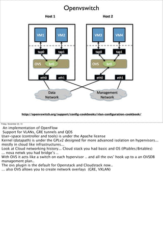 Openvswitch

http://openvswitch.org/support/conﬁg-cookbooks/vlan-conﬁguration-cookbook/

Friday, November 22, 13

An implementation of OpenFlow
Support for VLANs, GRE tunnels and QOS
User-space (controller and tools) is under the Apache license
Kernel (datapath) is under the GPLv2 designed for more advanced isolation on hypervisors...
mostly in cloud like infrastructures...
Look at Cloud networking history... Cloud stack you had basic and OS (IPtables/Brtables)
... nova netwk you had bridge’s ..
With OVS it acts like a switch on each hypervisor .. and all the ovs’ hook up to a an OVSDB
management plan..
The ovs plugin is the default for Openstack and Cloudstack now..
... also OVS allows you to create network overlays (GRE, VXLAN)

 