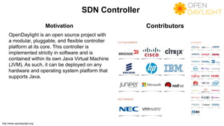 SDN Controller
Motivation Contributors
OpenDaylight is an open source project with
a modular, pluggable, and flexible controller
platform at its core. This controller is
implemented strictly in software and is
contained within its own Java Virtual Machine
(JVM). As such, it can be deployed on any
hardware and operating system platform that
supports Java.
http://www.opendaylight.org/
 