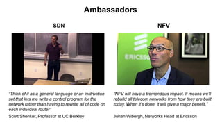 Ambassadors
SDN NFV
“Think of it as a general language or an instruction
set that lets me write a control program for the
network rather than having to rewrite all of code on
each individual router”
Scott Shenker, Professor at UC Berkley
“NFV will have a tremendous impact. It means we'll
rebuild all telecom networks from how they are built
today. When it's done, it will give a major benefit.”
Johan Wibergh, Networks Head at Ericsson
 