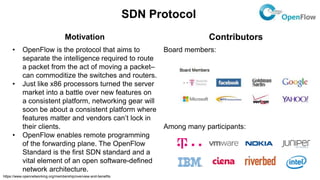 SDN Protocol
Motivation Contributors
• OpenFlow is the protocol that aims to
separate the intelligence required to route
a...