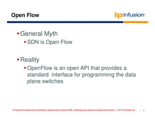 Open Flow


        General Myth
                SDN is Open Flow


        Reality
                OpenFlow is an open API that provides a
                standard interface for programming the data
                plane switches




IP Infusion Proprietary and Confidential, released under Customer NDA , Roadmap items subject to change without notice   © 2011 IP Infusion Inc.   22
 