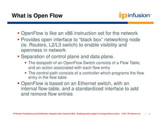 What is Open Flow


        OpenFlow is like an x86 instruction set for the network
        Provides open interface to “black box” networking node
        (ie. Routers, L2/L3 switch) to enable visibility and
        openness in network
        Separation of control plane and data plane.
                The datapath of an OpenFlow Switch consists of a Flow Table,
                and an action associated with each flow entry
                The control path consists of a controller which programs the flow
                entry in the flow table
        OpenFlow is based on an Ethernet switch, with an
        internal flow-table, and a standardized interface to add
        and remove flow entries


IP Infusion Proprietary and Confidential, released under Customer NDA , Roadmap items subject to change without notice   © 2011 IP Infusion Inc.   23
 