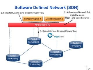 Control Program 1
Network OS
1. Open interface to packet forwarding
3. Consistent, up-to-date global network view 2. At least one Network OS
probably many.
Open- and closed-source
Software Defined Network (SDN)
Packet
Forwarding
Packet
Forwarding
Packet
Forwarding
Packet
Forwarding
Packet
Forwarding
Control Program 2
24
24
 