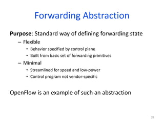Forwarding Abstraction
Purpose: Standard way of defining forwarding state
– Flexible
• Behavior specified by control plane
• Built from basic set of forwarding primitives
– Minimal
• Streamlined for speed and low-power
• Control program not vendor-specific
OpenFlow is an example of such an abstraction
28
 