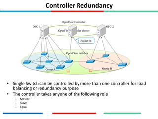 Controller Redundancy
• Single Switch can be controlled by more than one controller for load
balancing or redundancy purpose
• The controller takes anyone of the following role
– Master
– Slave
– Equal
 