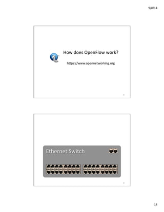9/8/14	
  
14	
  
How	
  does	
  OpenFlow	
  work?	
  
h_ps://www.opennetworking.org	
  
27	
  27	
  
Ethernet	
  Switch	
  
28	
  
 